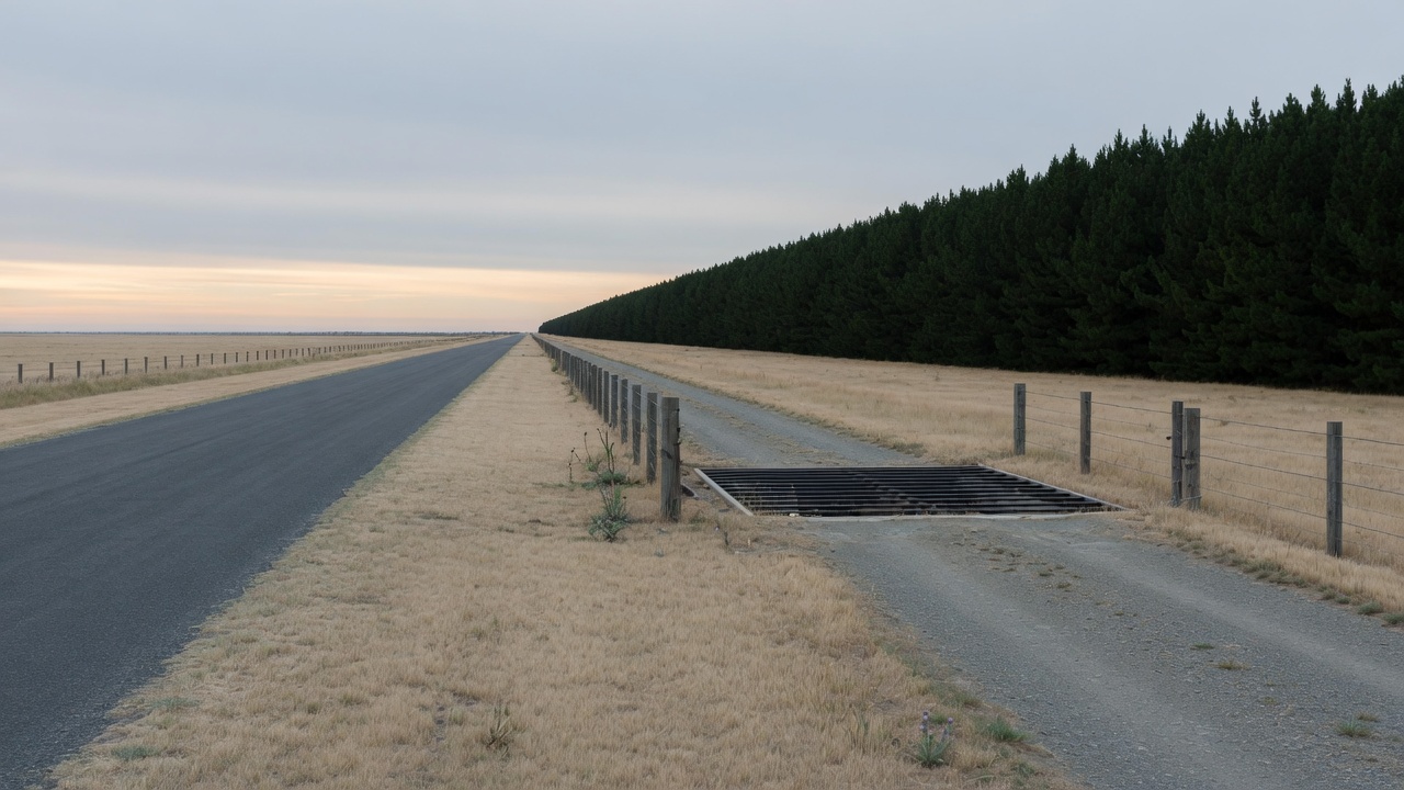 A generated picture of a cattle stop at a farm entrance off a quiet sealed rural road at dusk, with a shelterbelt running away behind it.