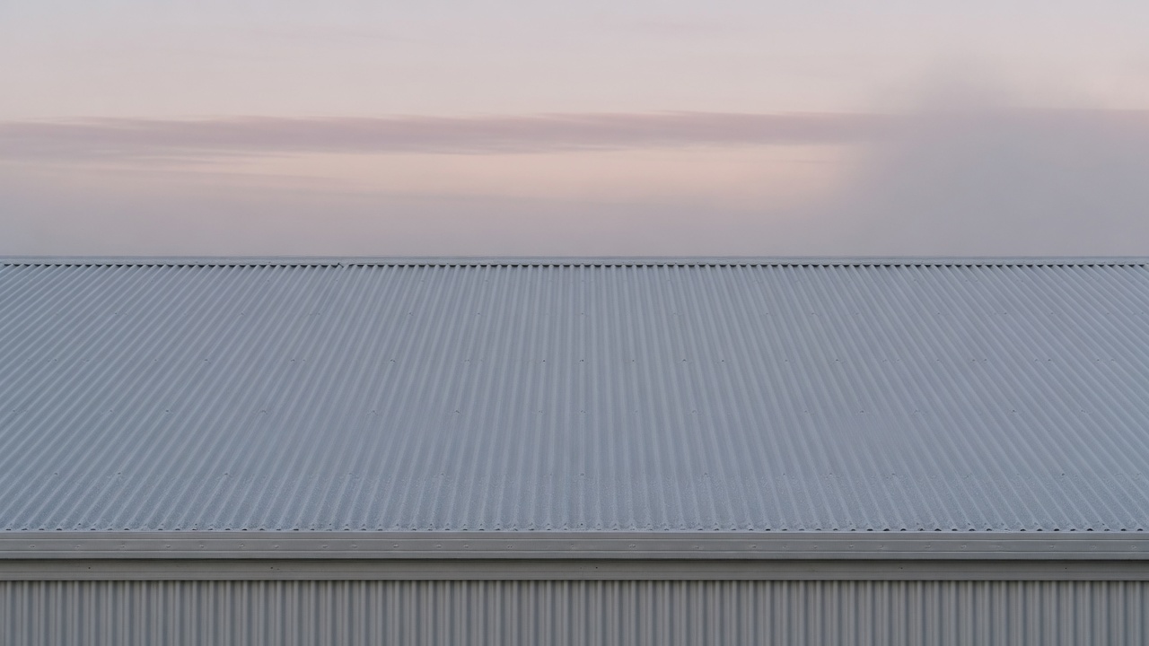 A generated picture of the long corrugated steel roofline of a dairy shed at first light, with pale mist and a soft dawn sky behind it.