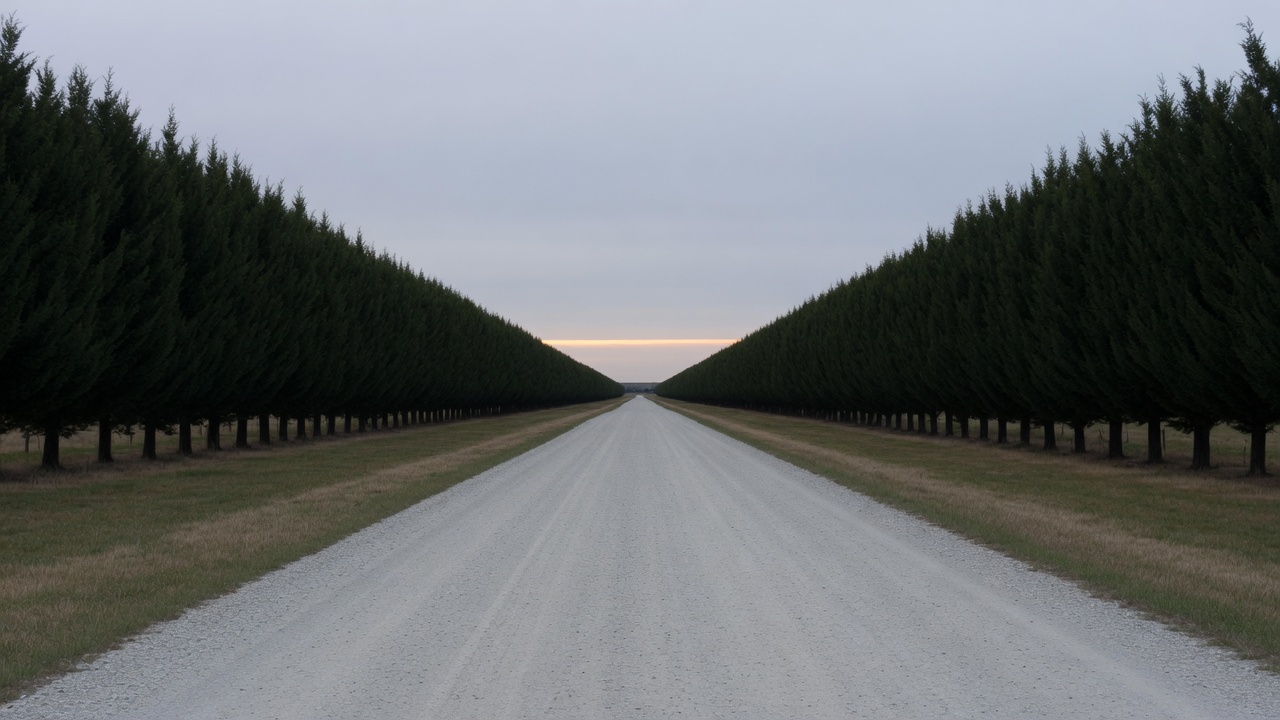 A generated picture of a straight gravel road running away between two tall dark shelterbelts at dusk.
