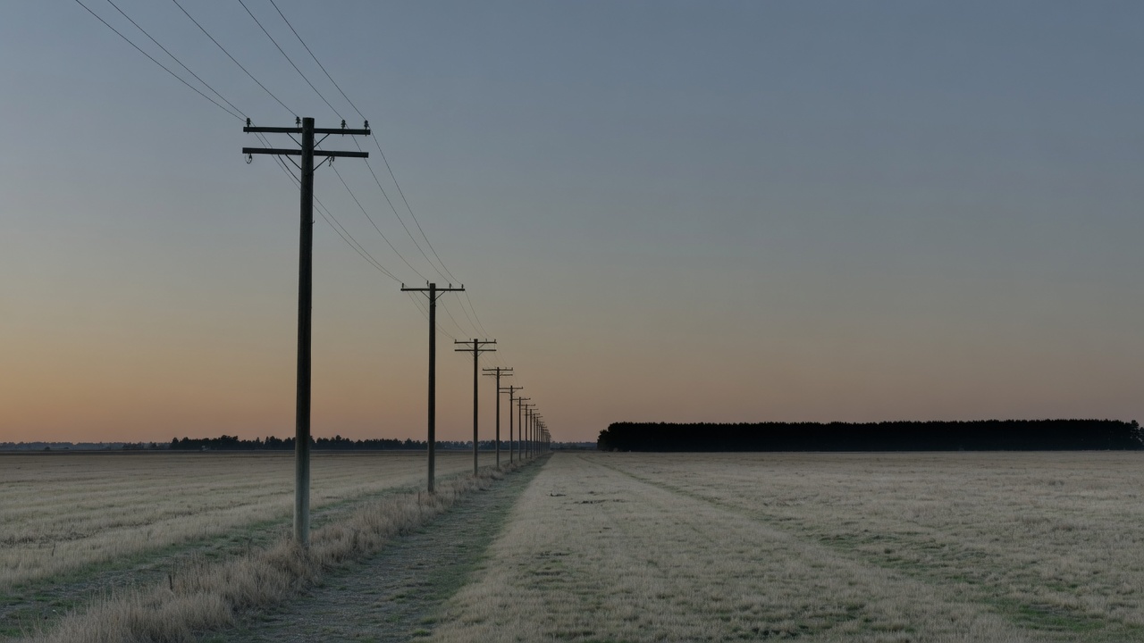 A generated picture of a line of timber power poles running away along a rural road at dusk, with frosted paddocks either side.