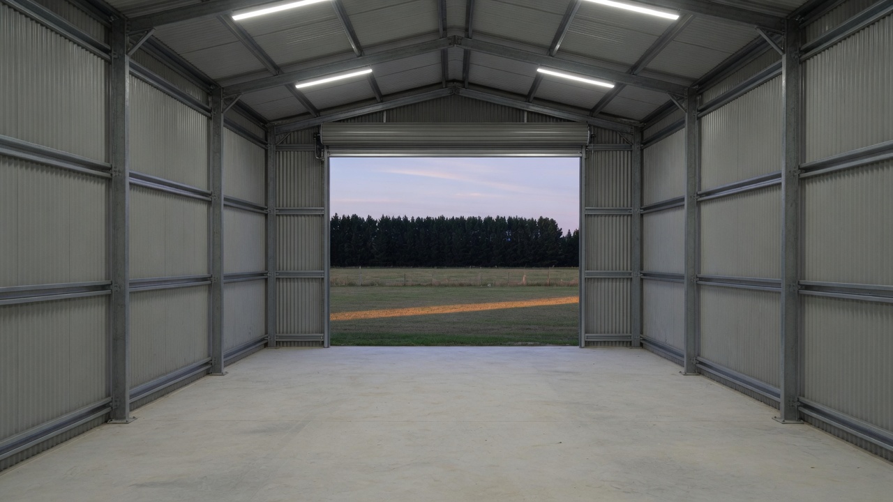 A generated placeholder image: an empty new farm implement shed at dusk with a row of LED batten lights on, the roller door open to paddocks and a shelterbelt.