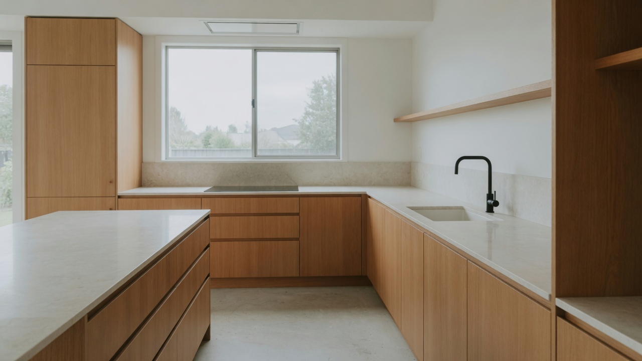 A generated placeholder image: a finished kitchen with pale oak cabinets, a stone bench and a single black mixer tap, nobody in it.