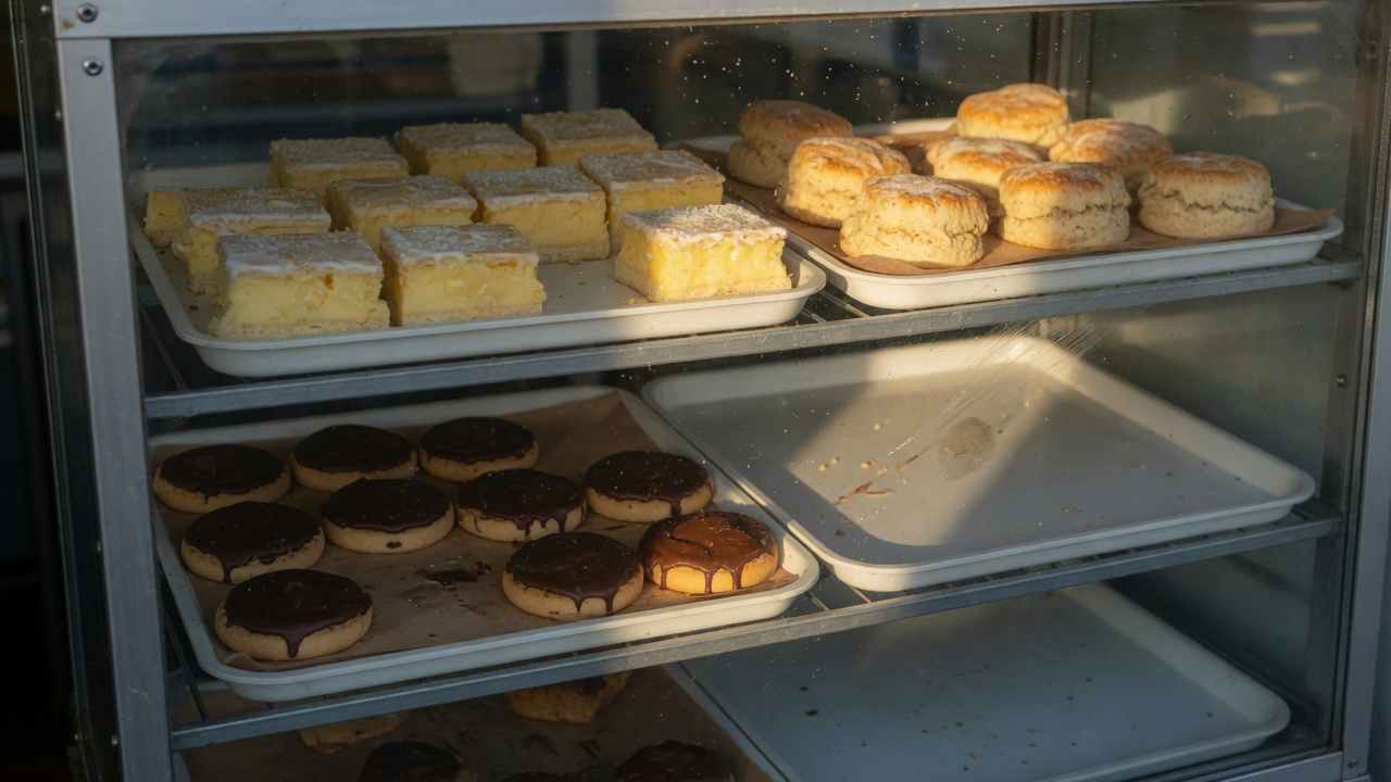 A glass-fronted bakery cabinet with trays of custard squares, scones and chocolate-topped biscuits, low morning sun across the top shelves and one tray already empty.