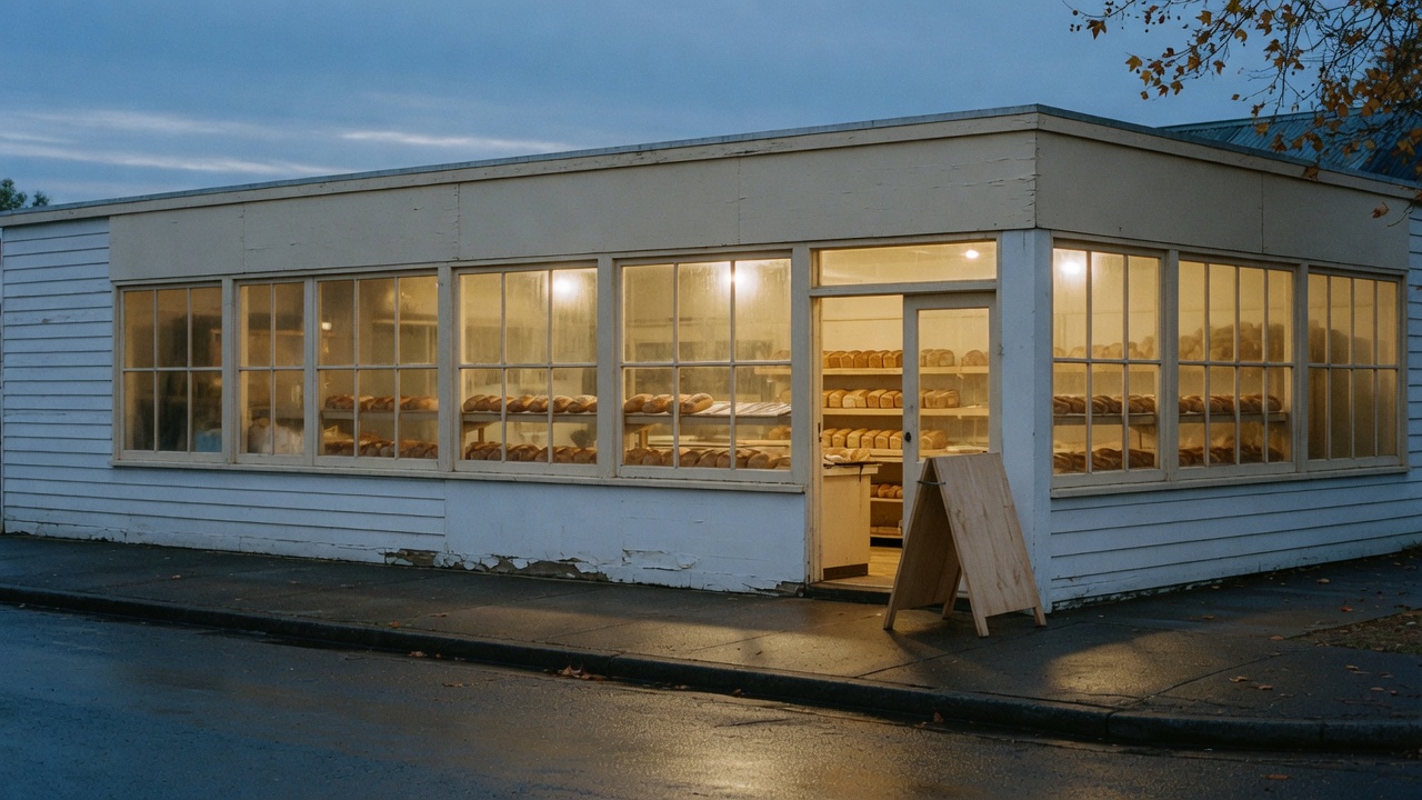A low white weatherboard shop on a country town corner before sunrise, warm light on inside and shelves of loaves showing through the windows, a blank fascia above them, a folded blank A-frame by the door and a wet empty street.