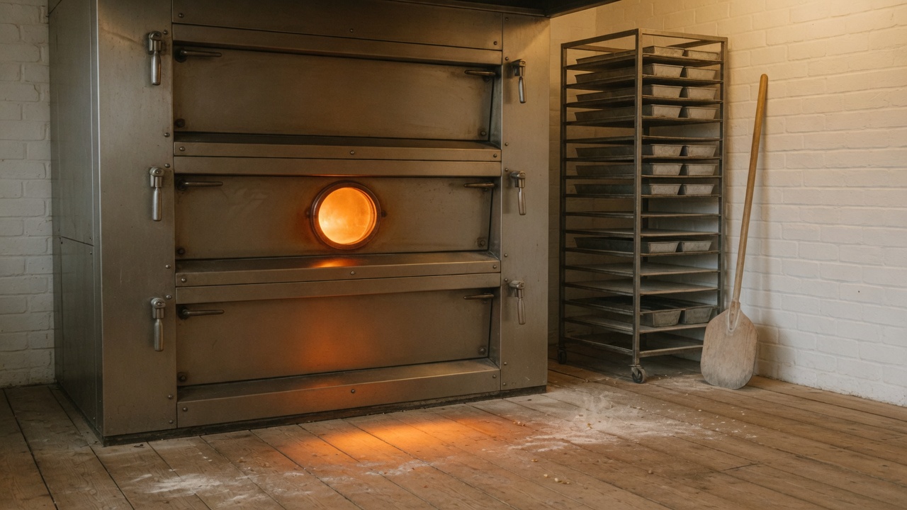 The steel front of an old three-deck bakery oven with its doors shut, the round glass port in the middle door glowing orange onto the timber floor, a rack of empty bread tins and a wooden peel against the brick wall beside it.
