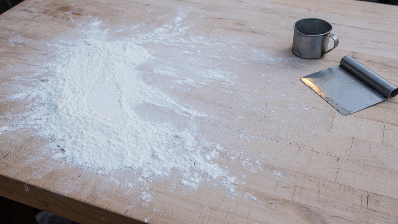 A scrubbed timber bench seen from above, with a wide drift of white flour heavier at one end and thinning to bare wood at the other, a steel scraper and a dented tin measure at rest to one side.