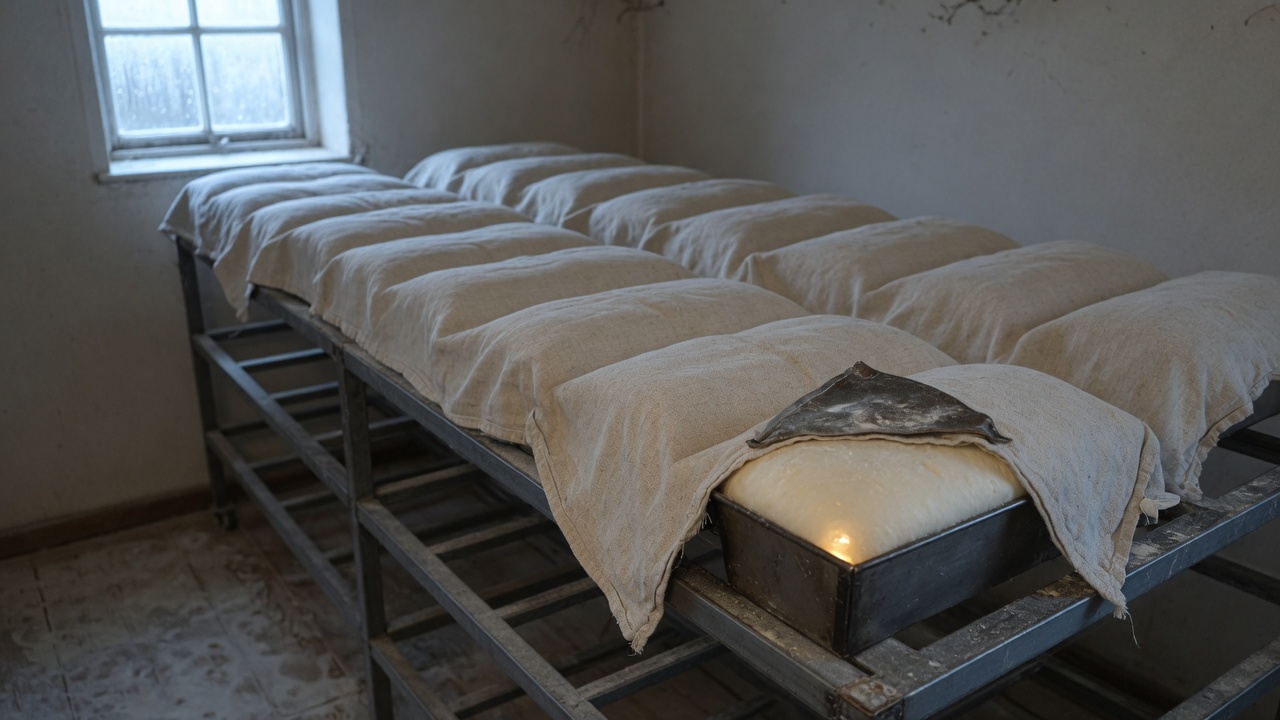 Rows of bread tins under a heavy linen cloth on a steel rack in a cold room before dawn, only the risen shapes showing through the cloth, with one tin at the near end uncovered.