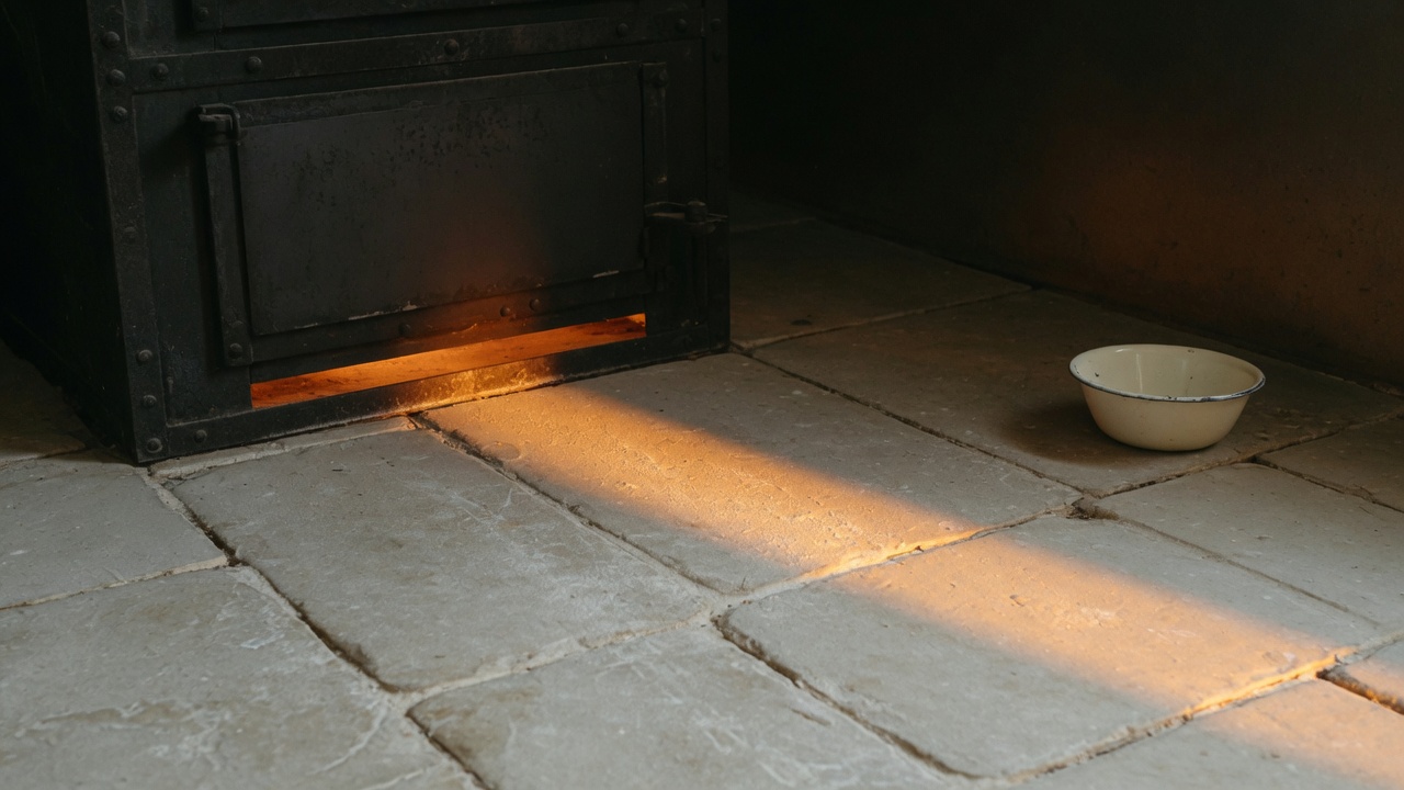 The stone floor of a bakehouse before dawn, with a long wedge of orange light spilling from the closed door of a cast-iron oven and an enamel bowl upturned in the shadow.