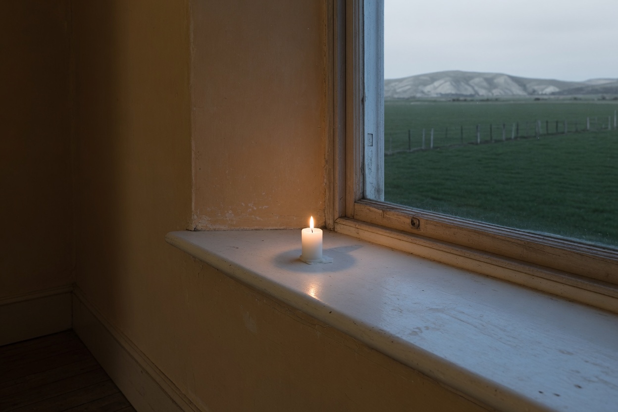One plain white candle burning on a painted windowsill in an old farmhouse at dusk, the window looking out to a paddock and low hills, nobody in the room.
