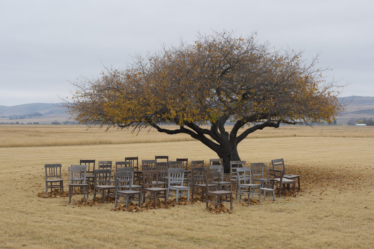 Rows of mismatched wooden chairs set out on dry grass under one old tree in a paddock, on an overcast autumn morning, with nobody there yet.