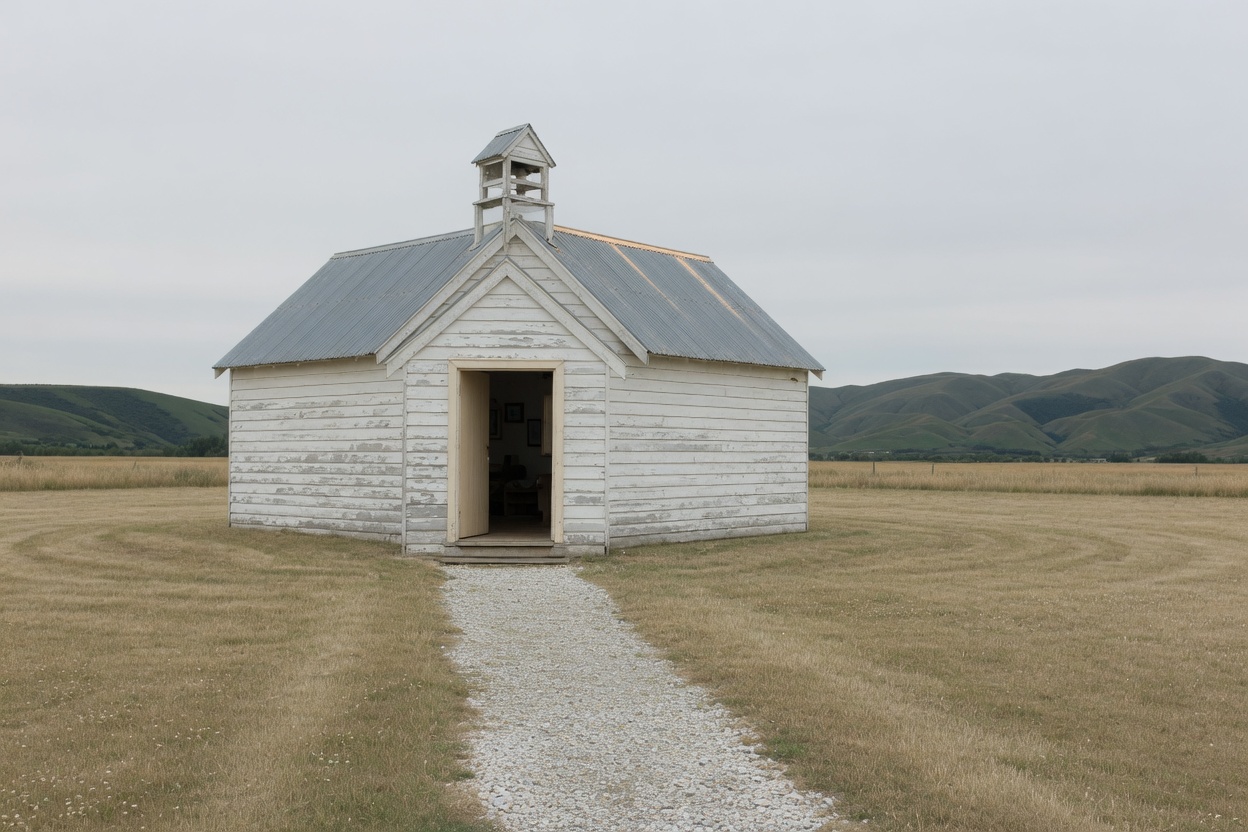 A small white weatherboard country church alone in a dry paddock, its front door standing open, a short gravel path up to the step, overcast morning, nobody there.