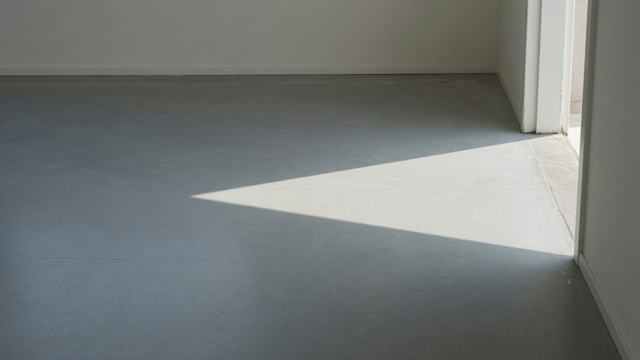 An empty room with a grey concrete floor and pale walls, an open doorway at the right letting a wedge of daylight fall across the floor.