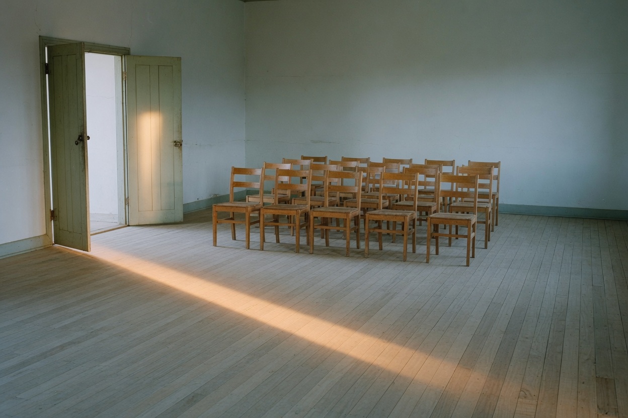 Rows of plain wooden chairs in a small empty country hall, the side doors open to daylight falling across the timber floor, no flowers and nobody there yet.