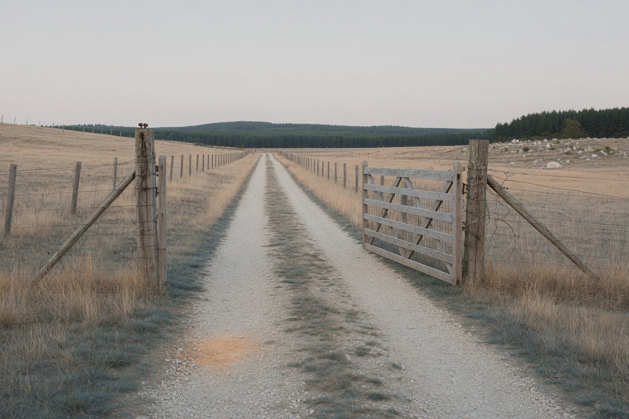 A plain wooden farm gate swung right back against the fence line, a gravel track running through the clear gateway into a dry paddock, overcast afternoon, nobody there.