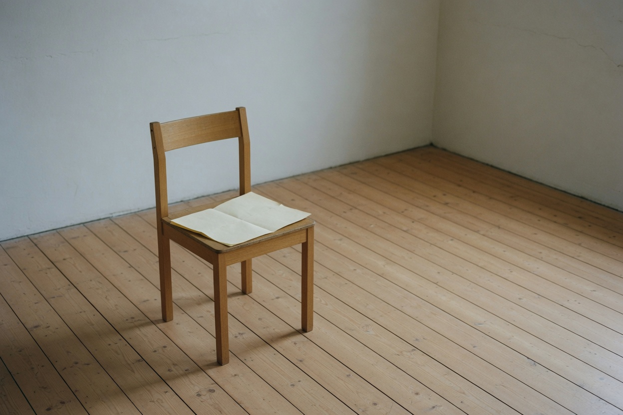 One plain wooden chair on a timber floor in an empty room with a single folded sheet of blank cream paper resting on the seat.