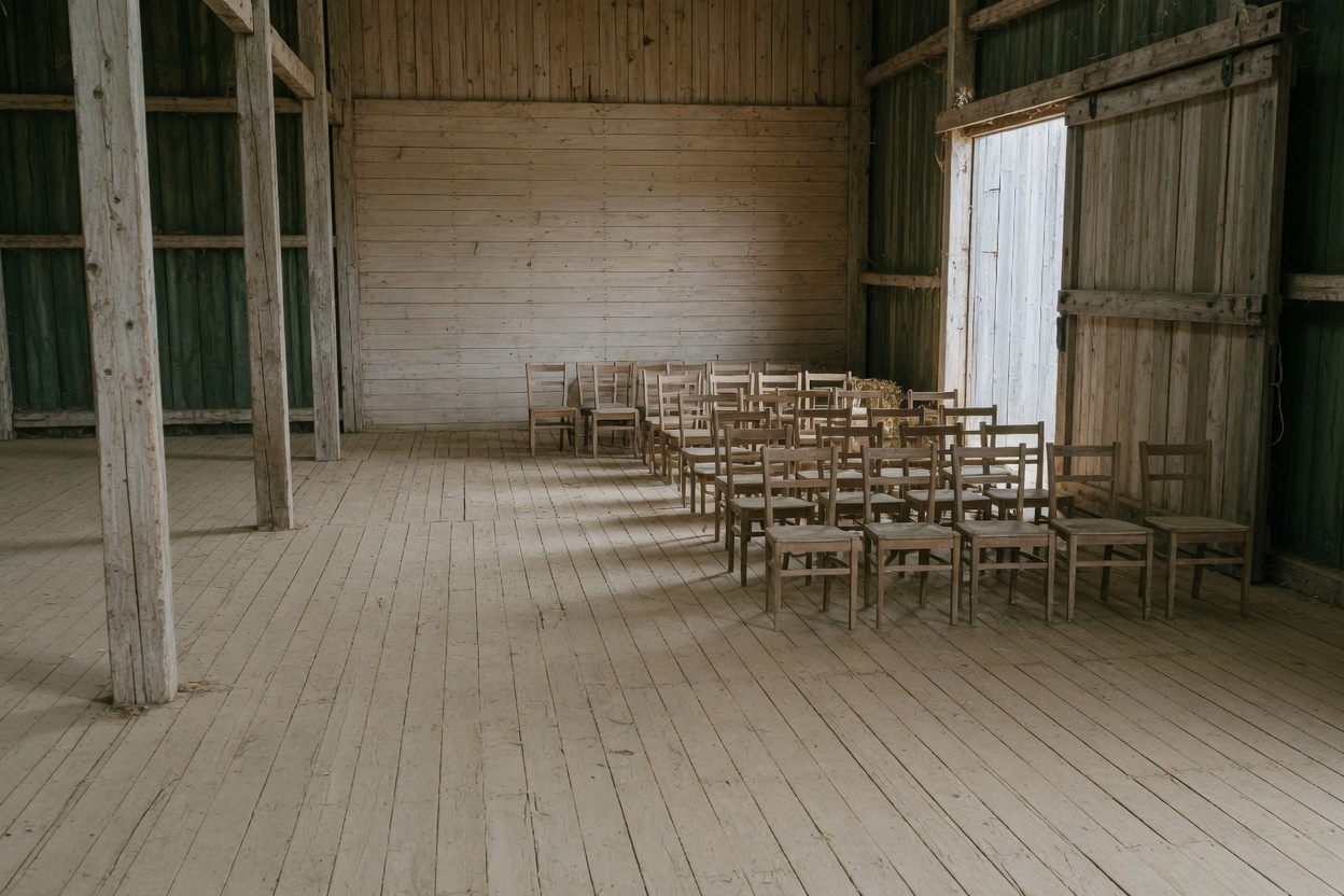 Rows of plain wooden chairs and a few hay bales set out on the timber floor of an old woolshed, the big sliding door open to grey daylight, nobody there yet.